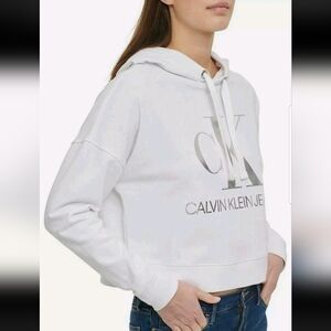 Calvin Klein Jeans Women's Off White Cropped Logo Hoodie Size Large